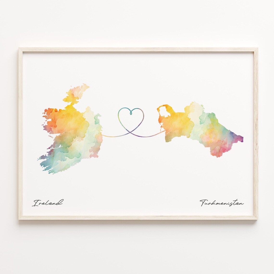 Ireland to Turkmenistan Watercolor Map Heart Connection Poster