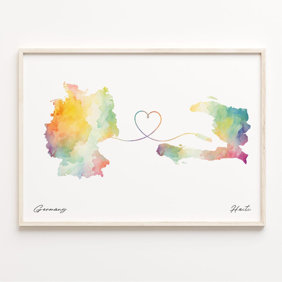 Germany To Haiti Watercolor Map Heart Line Connection Poster