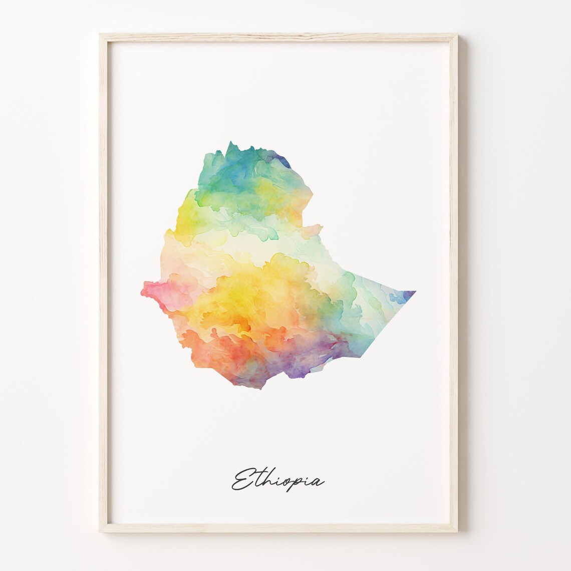 Ethiopia Rainbow Watercolor Country Map Poster for Traveler Gift Wall