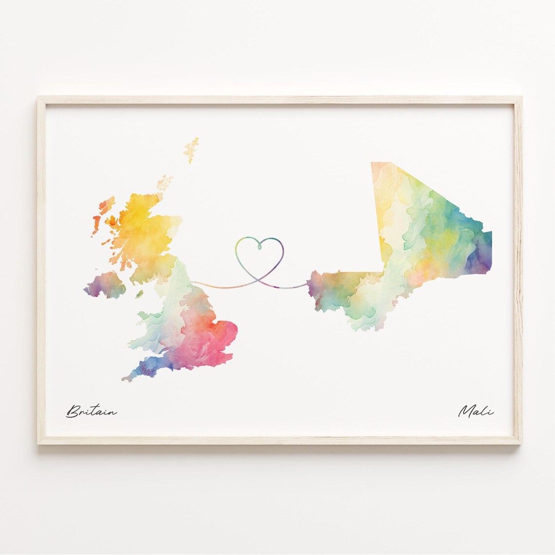 Britain to Mali Watercolor Heart Map Long Distance Love Poster