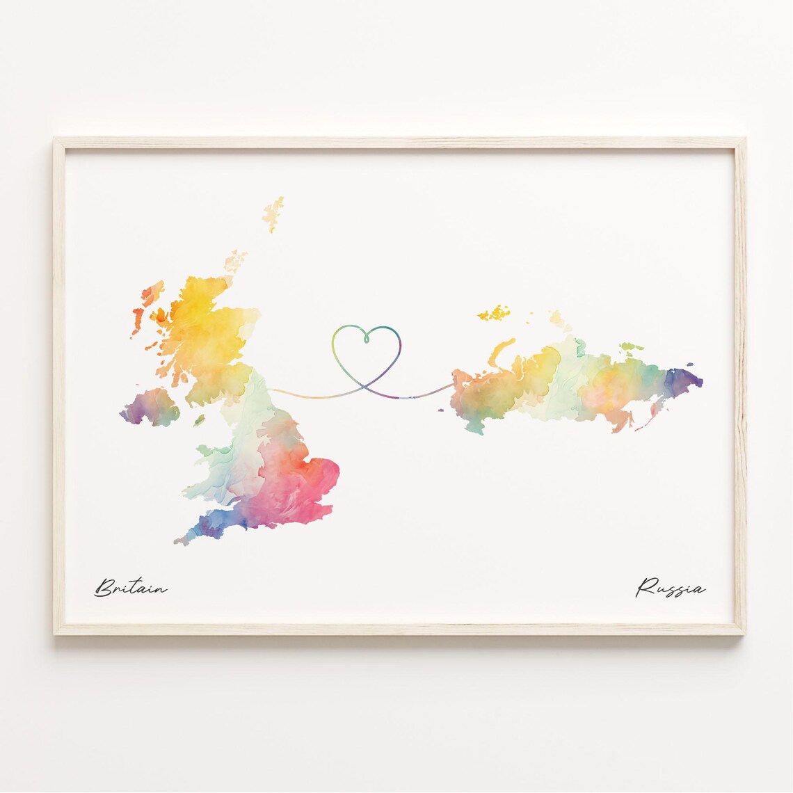 Britain To Russia Watercolor Heart Connection Map Decor Art Poster