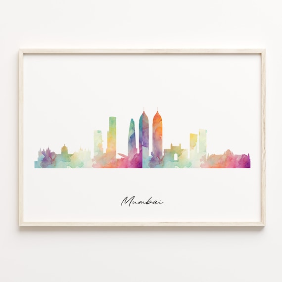 Mumbai India Watercolor Skyline Poster Minimalist Cityscape Art