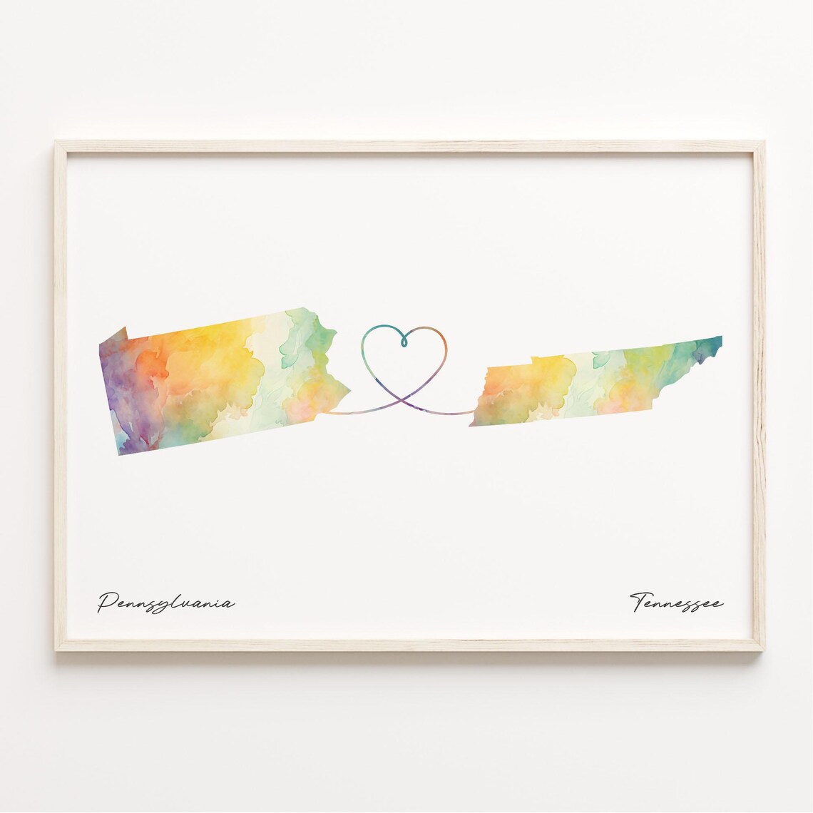 Pennsylvania To Tennessee Watercolor Map Heart Connection Art Poster