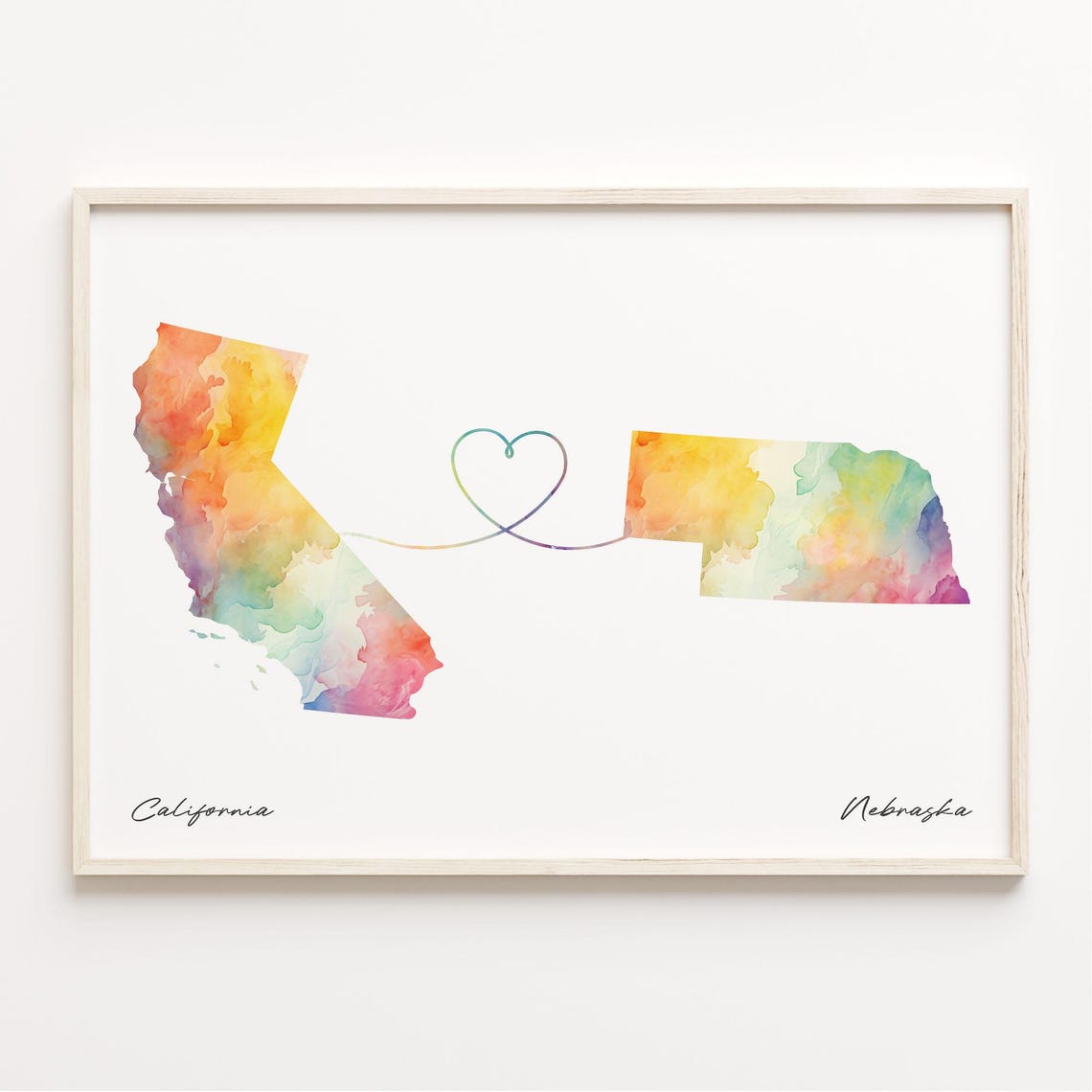 California to Nebraska Watercolor Map Heart Moving Away Gift Poster