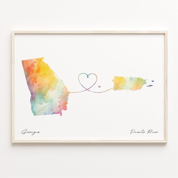 Georgia To Puerto Rico Heart Watercolor Map Travel Gift Poster