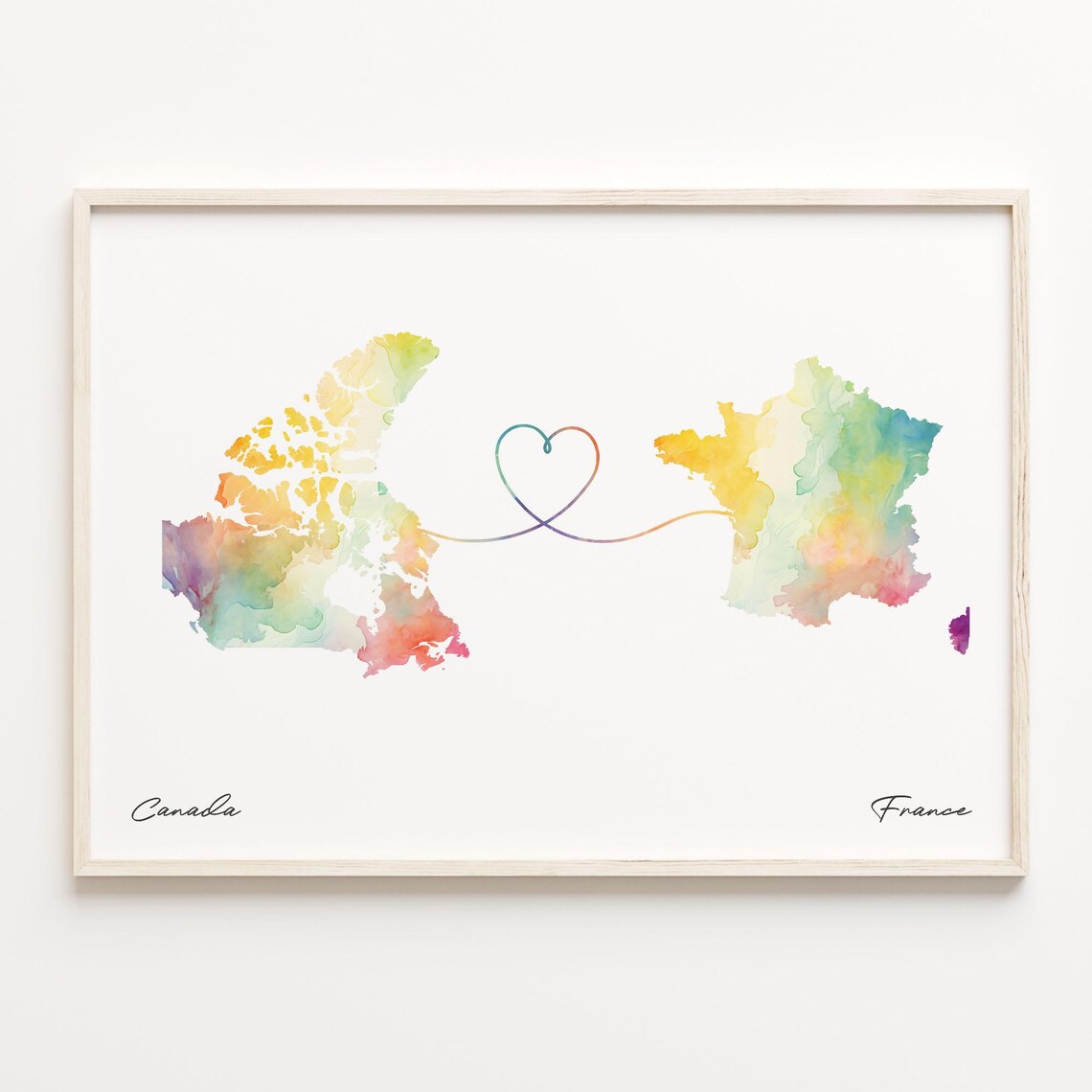 Canada To France Watercolor Heart Map Long Distance Love Poster