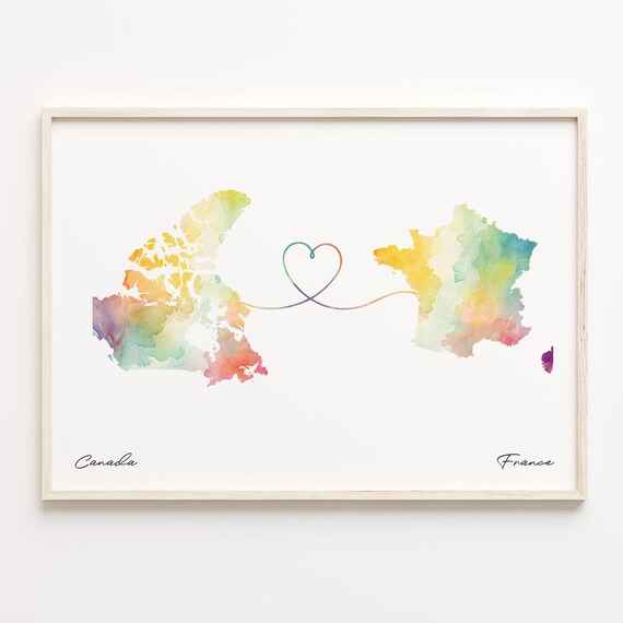 Canada To France Watercolor Heart Map Long Distance Love Poster