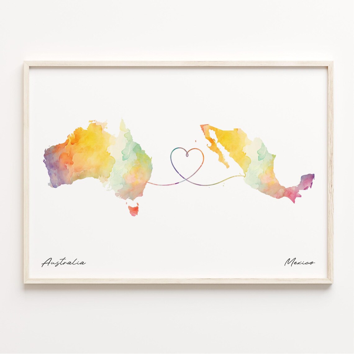 Australia To Mexico Long Distance Love Watercolor Heart Map Poster