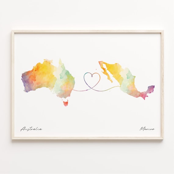 Australia To Mexico Long Distance Love Watercolor Heart Map Poster