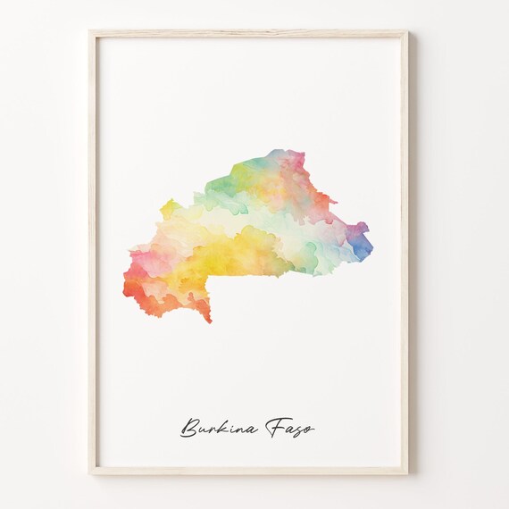 Burkina Faso Watercolor Map Pastel Rainbow Country Silhouette Art Print