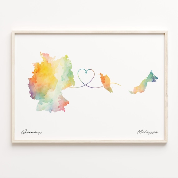 Germany To Malaysia Watercolor Map Heart Long Distance Love Poster