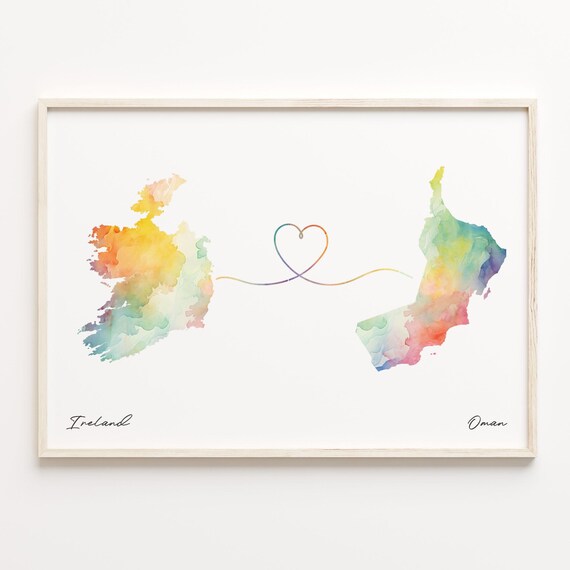 Ireland and Oman Watercolor Heart Map Connection Gift Poster