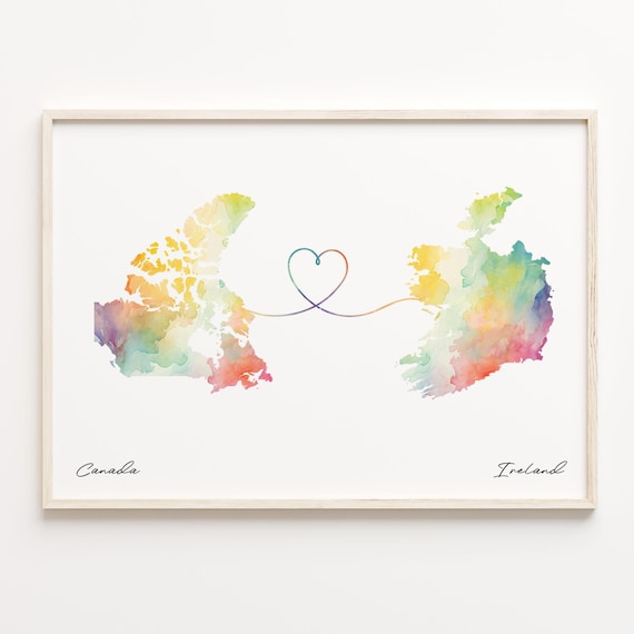 Canada To Ireland Watercolor Heart Map Love Connection Poster