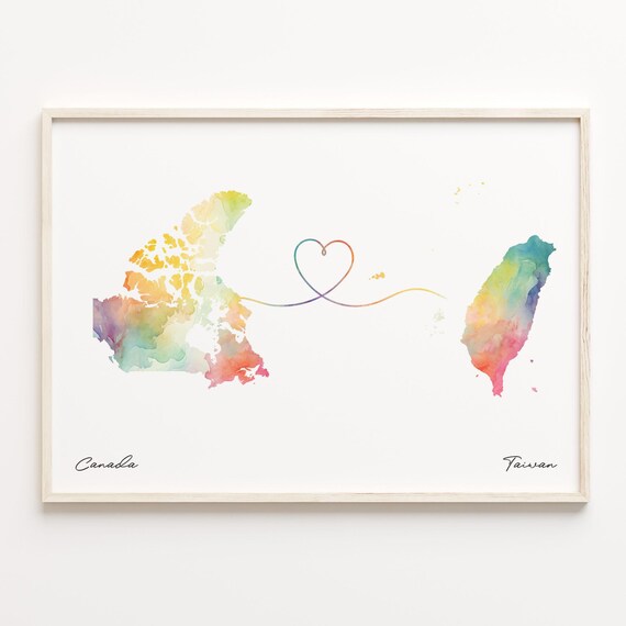 Canada to Taiwan Watercolor Map Heart Connection Travel Poster