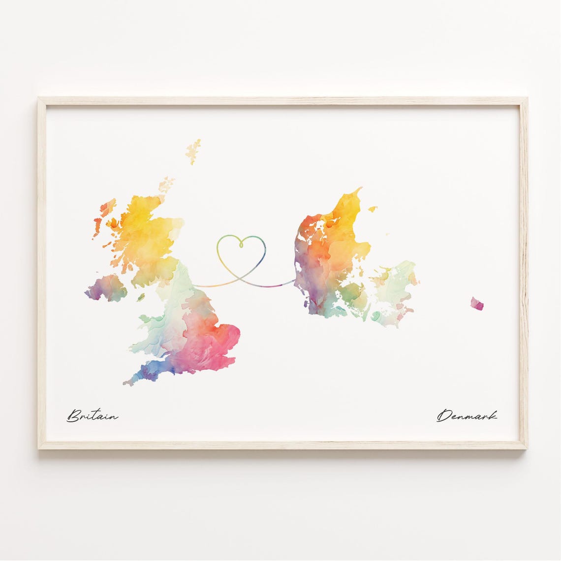 Britain To Denmark Watercolor Map Poster Long Distance Heart Gift Art
