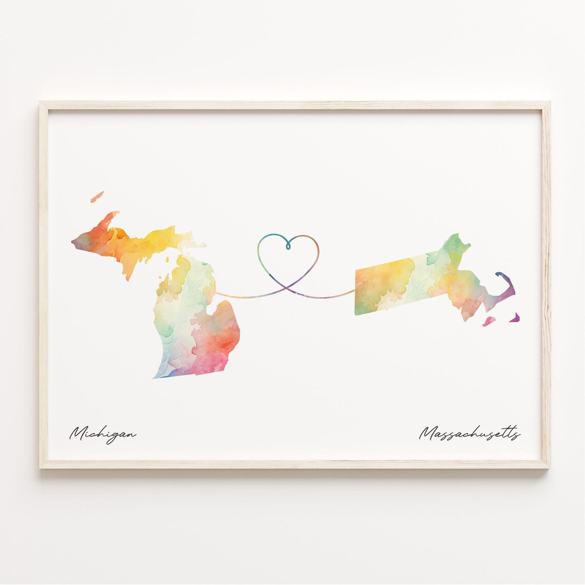 Michigan to Massachusetts Watercolor Map Long Distance Love Gift Poster