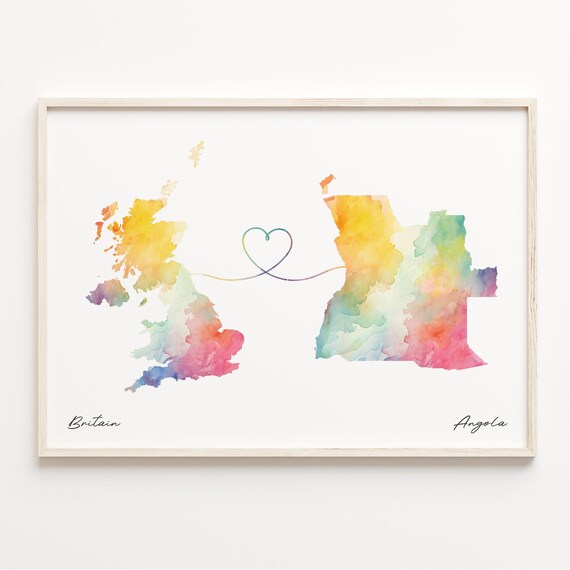 Britain To Angola Watercolor Map Print With Heart Line Moving Away Gift