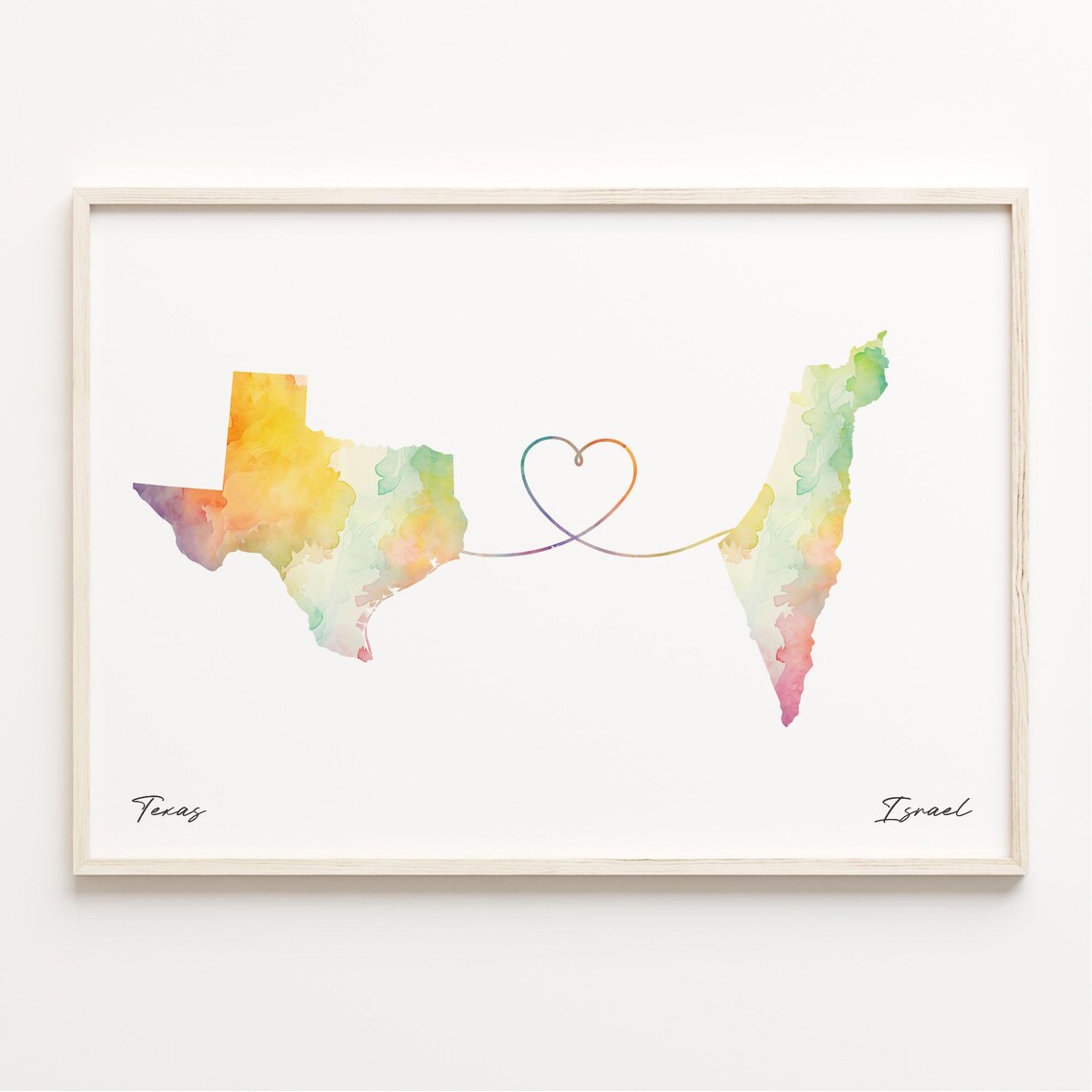 Texas To Israel Watercolor Heart Map Long Distance Love Poster