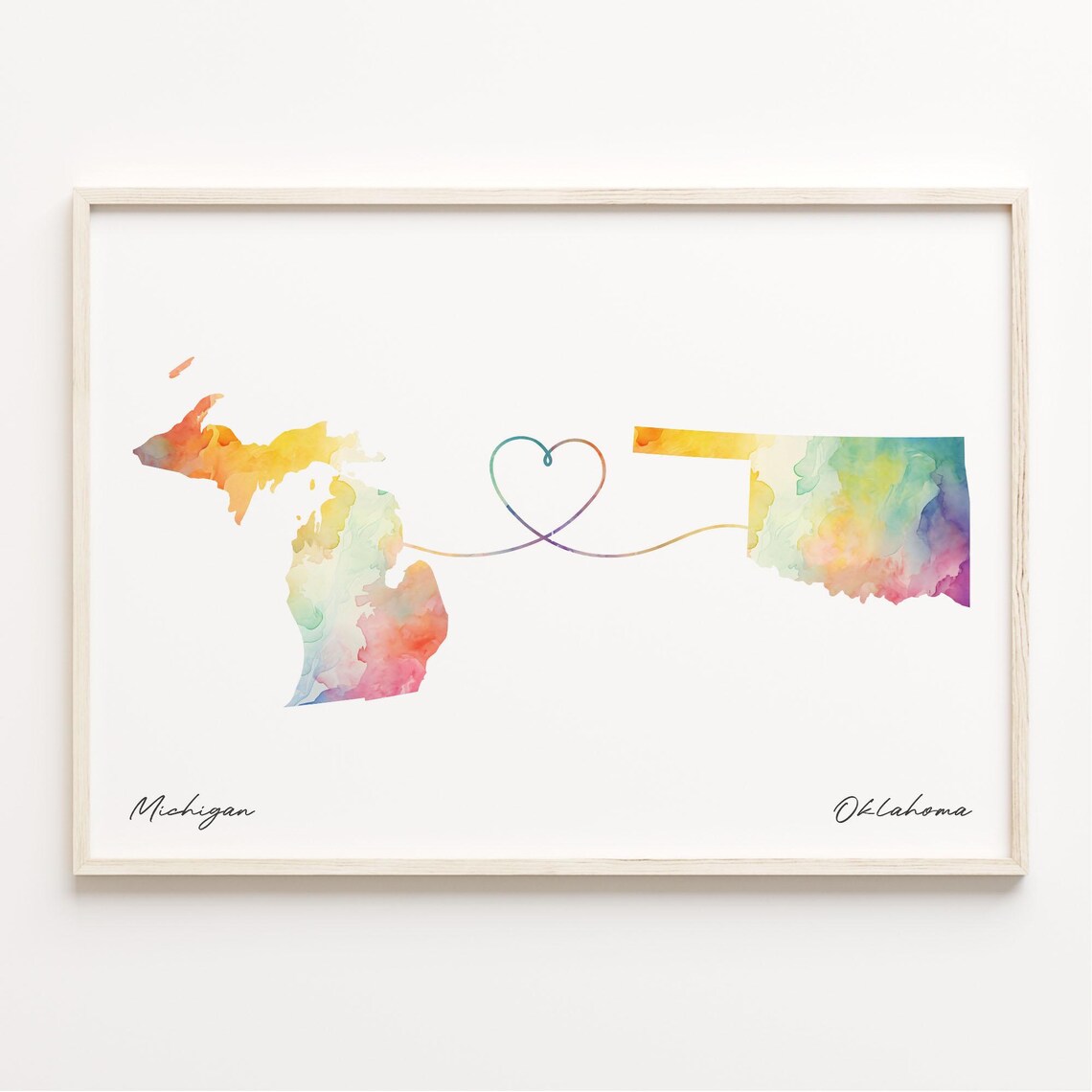 Michigan to Oklahoma Watercolor Map Poster, Travel Art