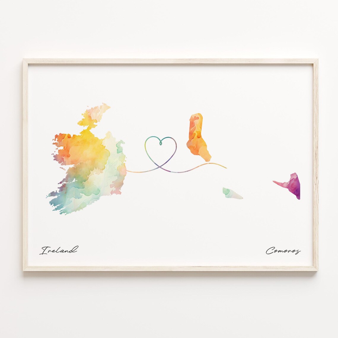 Ireland to Comoros Watercolor Heart Map Long Distance Love Poster