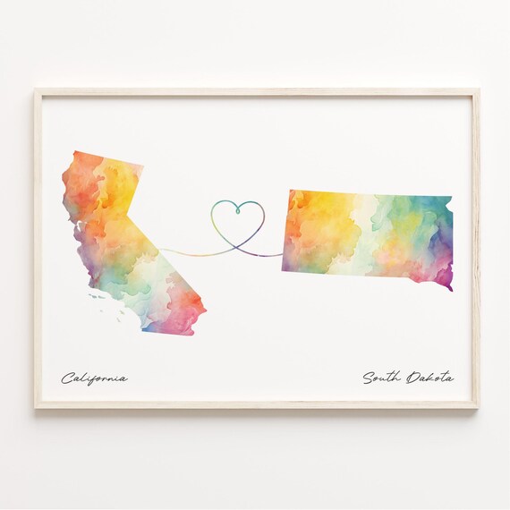 California To South Dakota Watercolor Map Heart Connection Poster