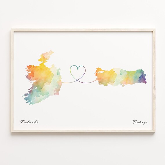 Ireland to Turkey Watercolor Map Heart Connection Farewell Poster
