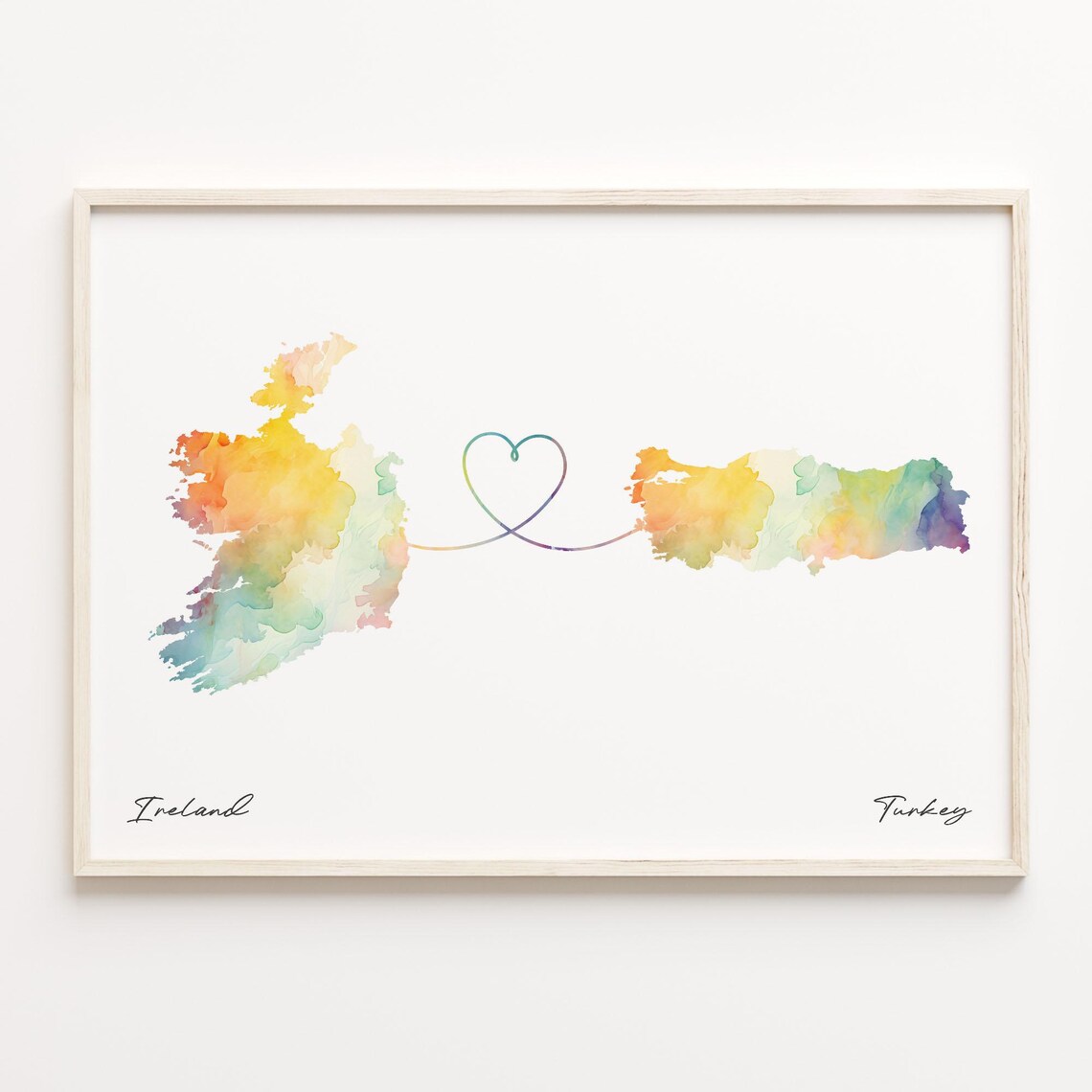 Ireland to Turkey Watercolor Map Heart Connection Farewell Poster