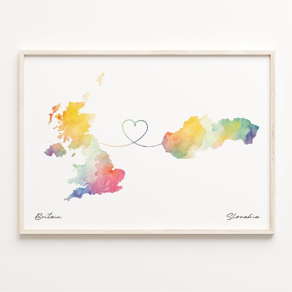 Britain to Slovakia Watercolor Heart Connection Map Art Print
