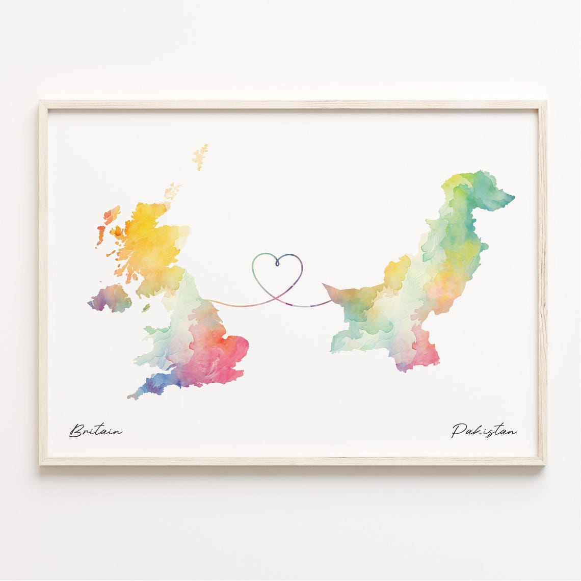 Britain To Pakistan Watercolor Heart Connection Map Decor Art Poster