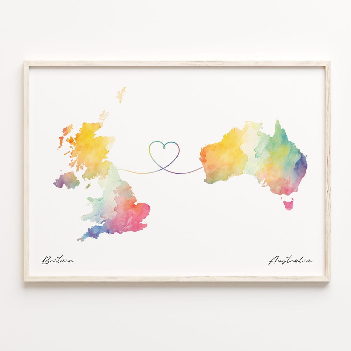 Britain To Australia Watercolor Heart Map Long Distance Love Print