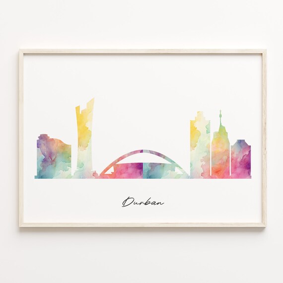 Durban South Africa Colorful Watercolor Cityscape Skyline Art Poster