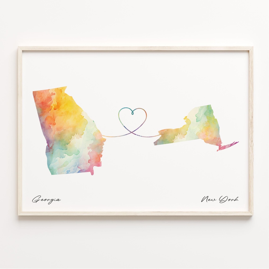 Georgia To New York Watercolor Map Long Distance Love Heart Print