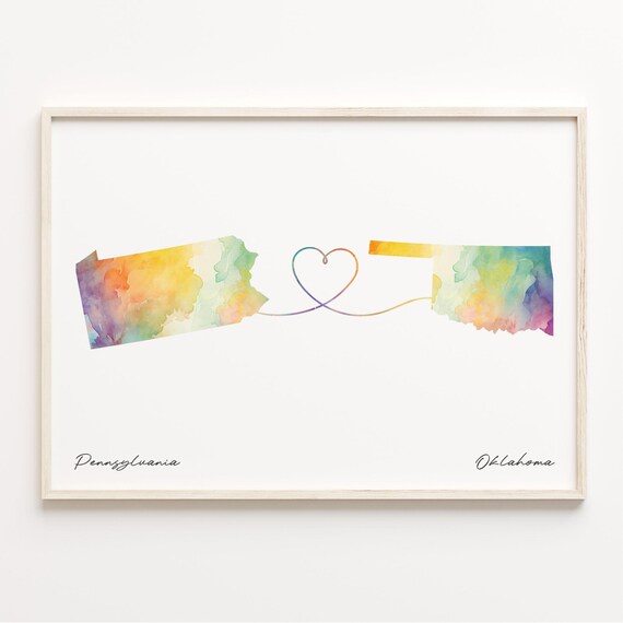 Pennsylvania To Oklahoma Watercolor Map Heart Love Story Poster