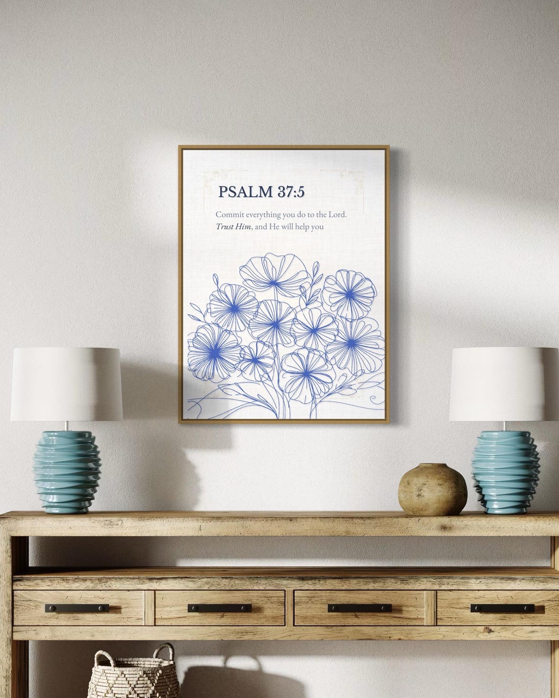 Blue Floral Psalm 375 Wall Art Commit Everything To The Lord Wall Art Minimal Christian Art Christian Floral Wall Art Scripture Print - Image 5