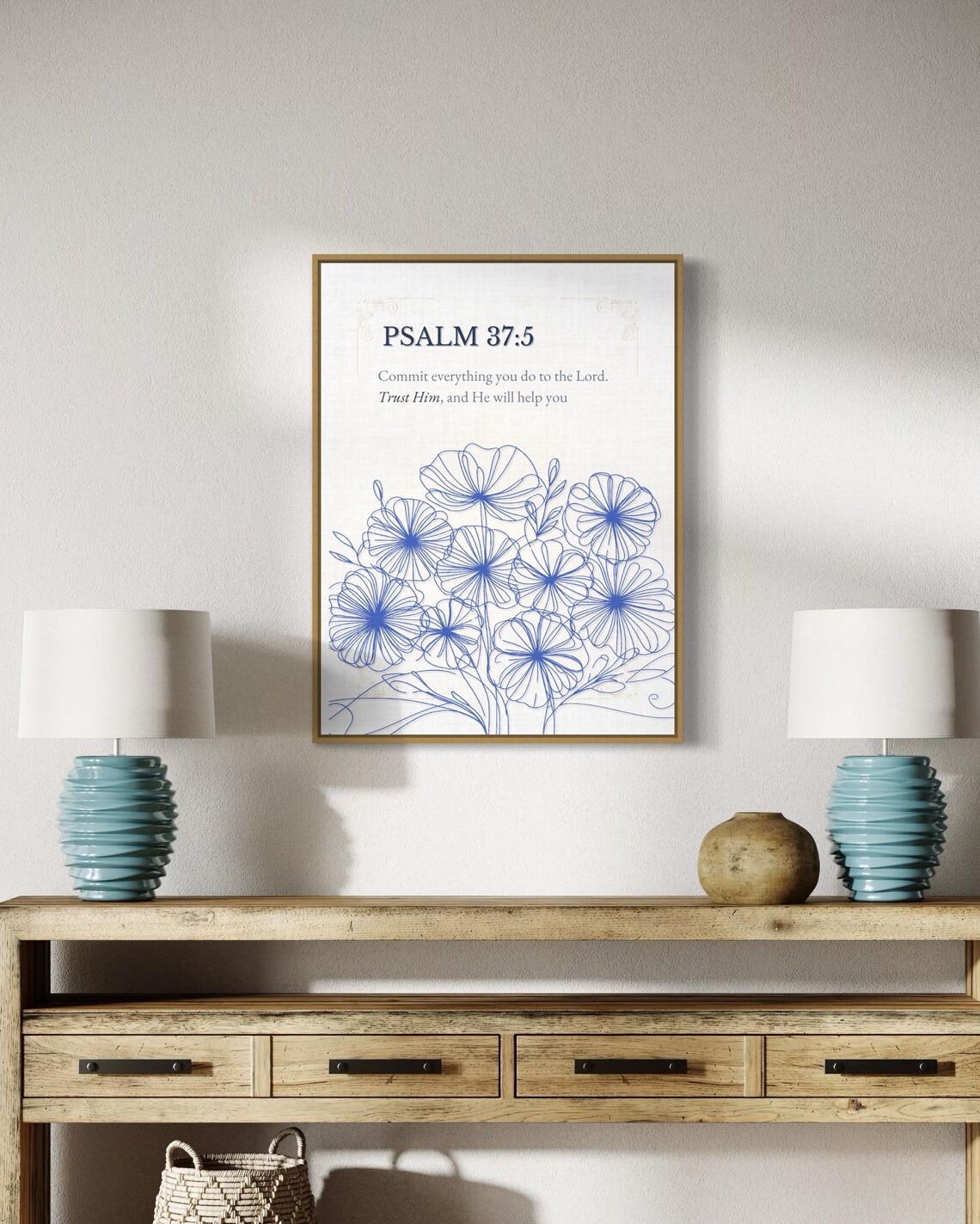 Psalm 37:5 Blue Floral Line Art Bible Scripture Verse Poster - Image 5