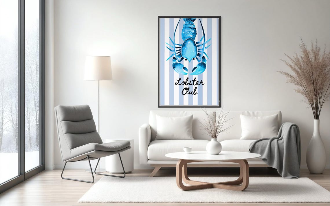 Lobster Club Blue Watercolor Lobster on Striped Kitchen Poster - Image 3