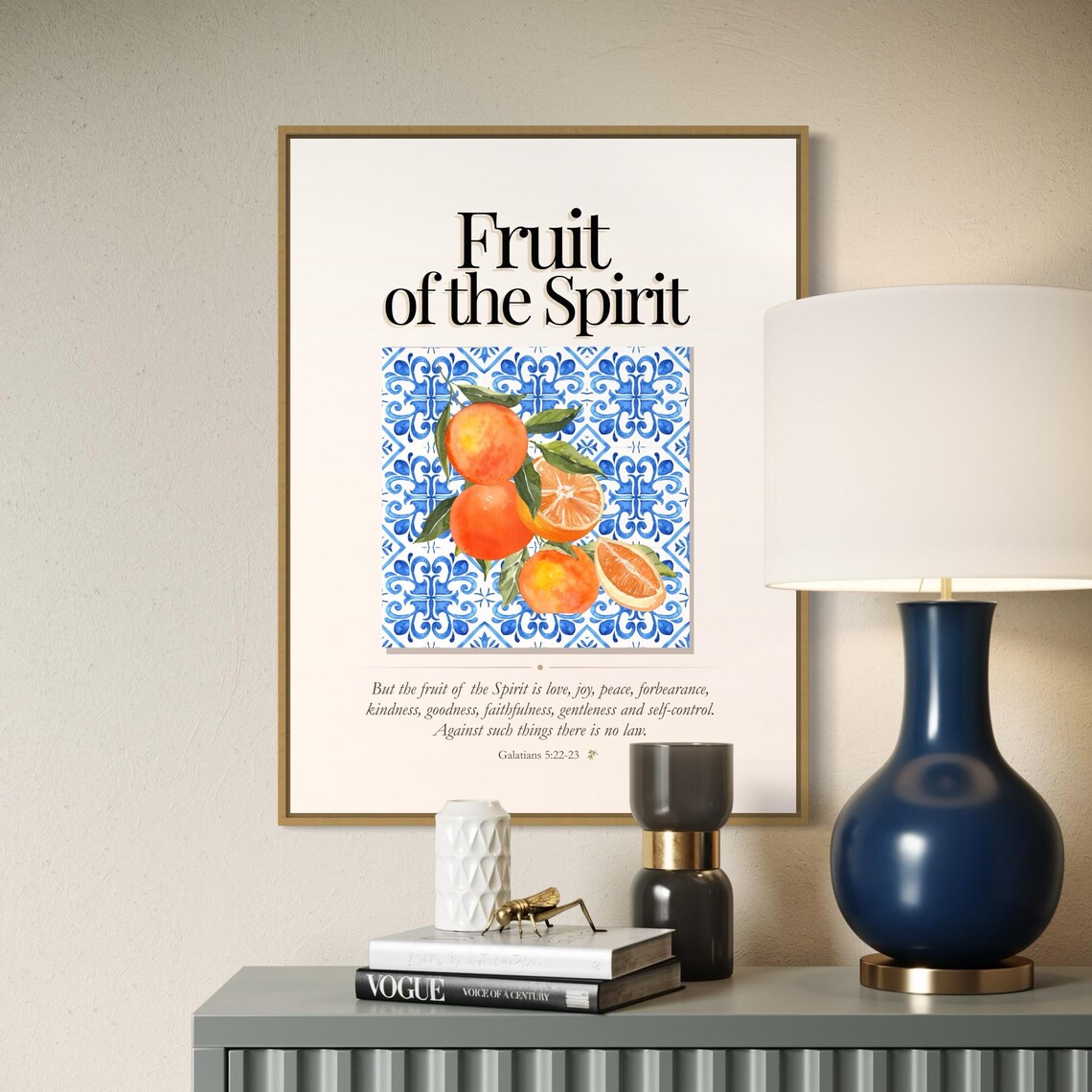 Fruit of the Spirit Citrus and Blue Tile Bible Verse Poster on Cream - Image 5