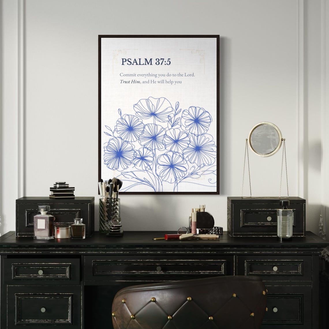 Psalm 37:5 Blue Floral Line Art Bible Scripture Verse Poster - Image 4