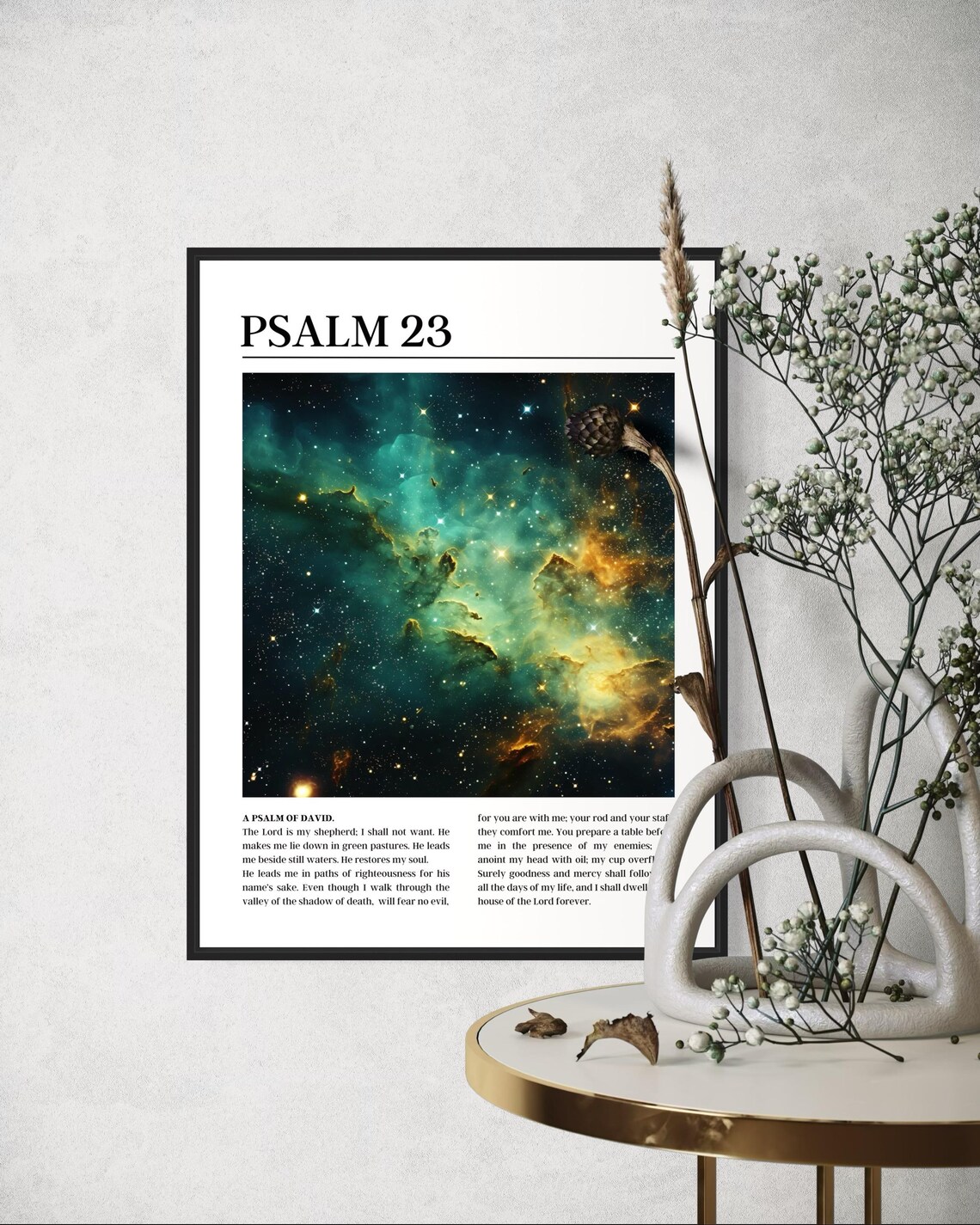 Psalm 23 Bible Verse Poster with Green and Gold Galaxy Nebula Image - Image 3