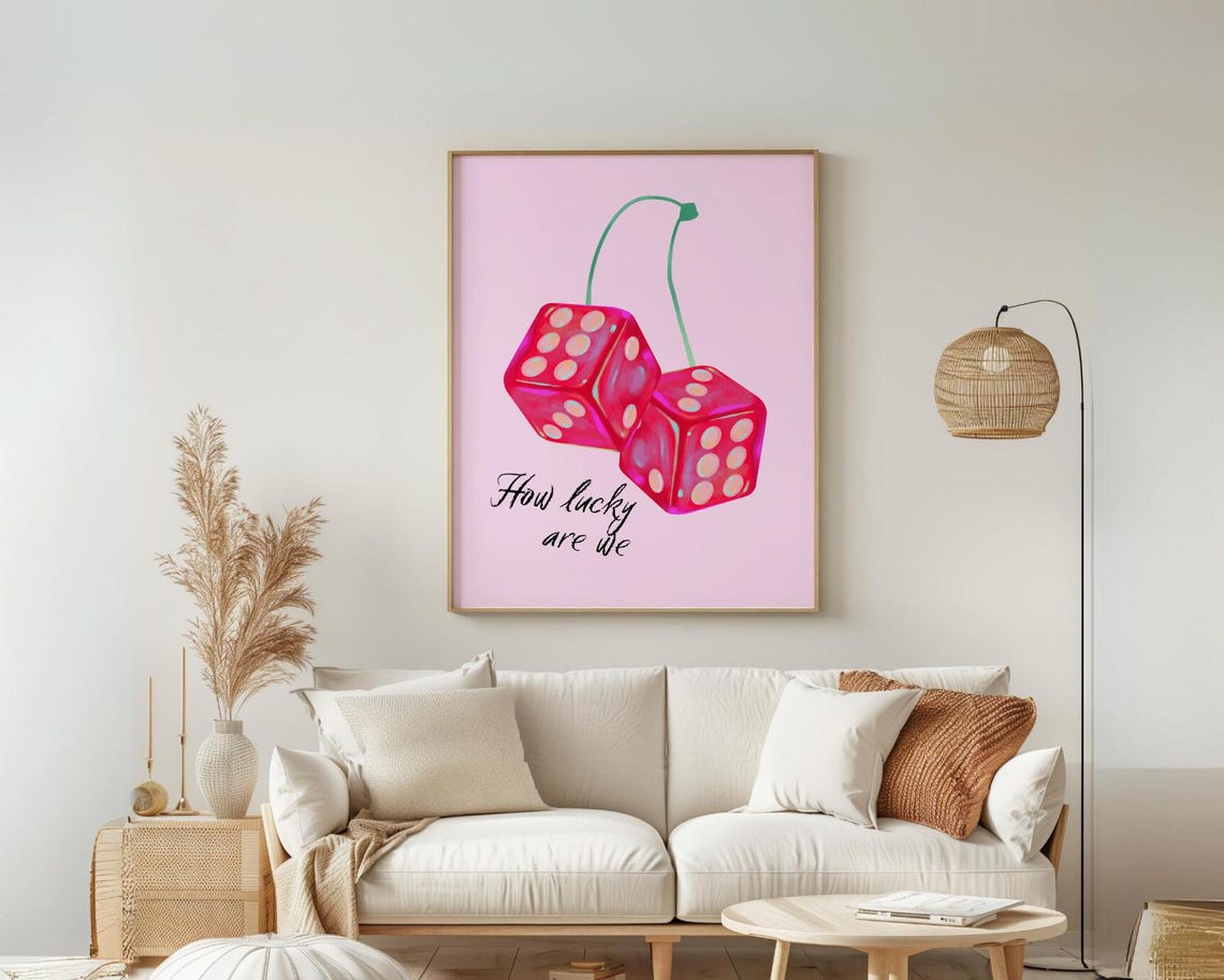 How Lucky Are We Cherry Dice Preppy Pink Bedroom Quote Poster - Image 5