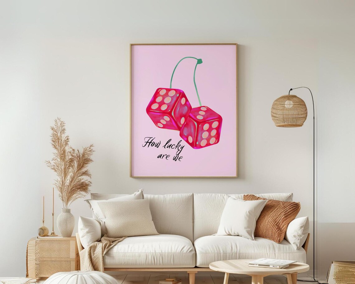 How Lucky Are We Print Cute Stuff For Bedroom Pink Wall Prints Lucky Girl Wall Art College Apartment Decor Cherry Dice Print Preppy - Image 5