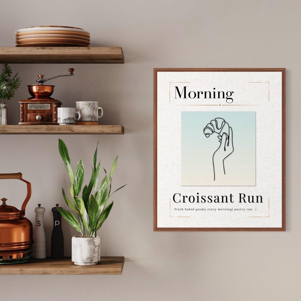 Morning Croissant Run Hand Line Art Minimalist Kitchen Poster