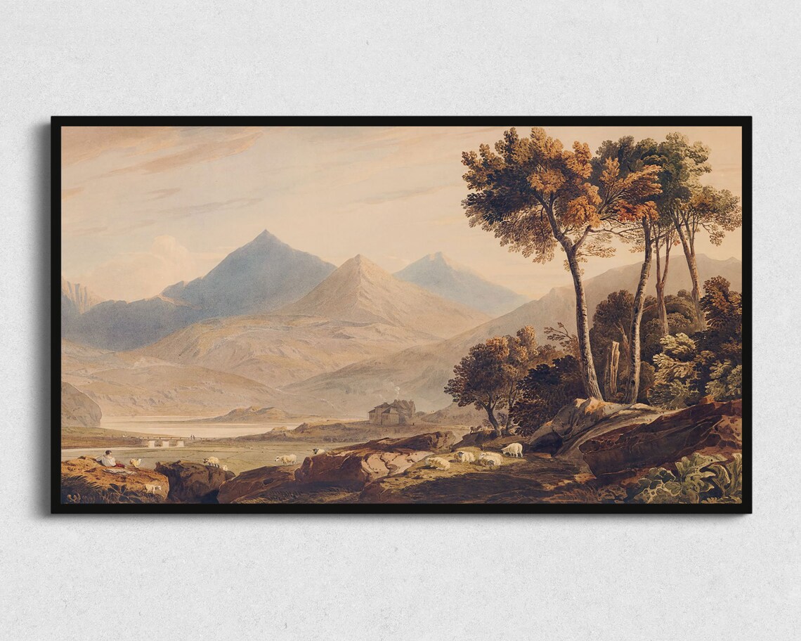 Mountain Valley Sheep Grazing Lake Vintage Pastoral Landscape Poster