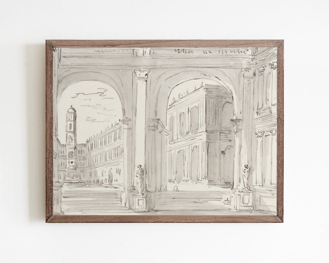 Vintage Architecture Sketch Art Minimalist Wall Art Architecture Print Line Art Ink Drawing Architecture Drawing