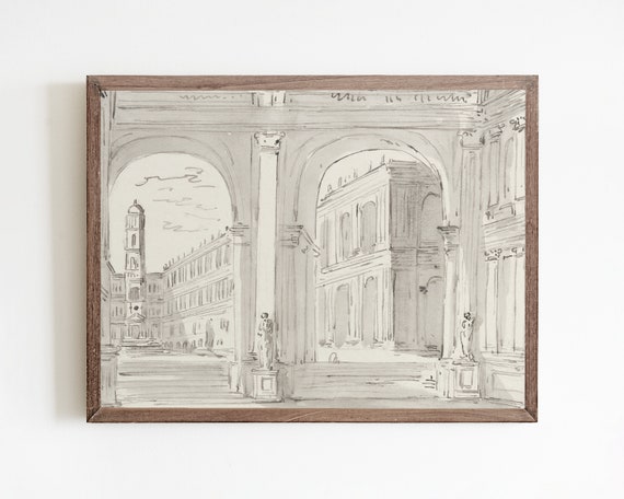 Vintage Architecture Sketch Art Minimalist Wall Art Architecture Print Line Art Ink Drawing Architecture Drawing