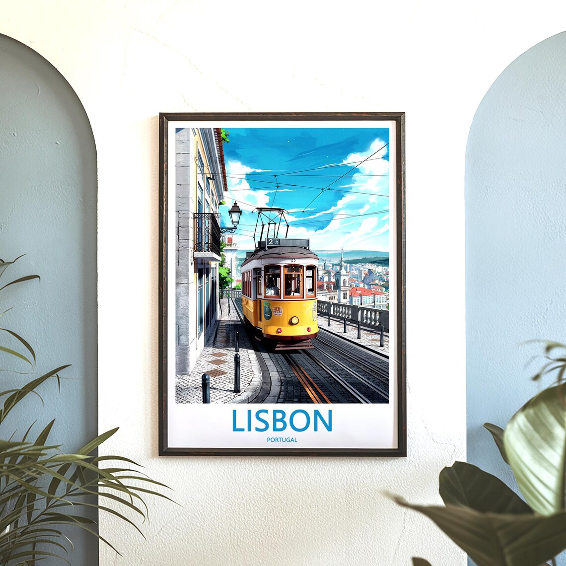 Lisbon Yellow Tram 23 Climbing a Hill Past Church Towers Poster - Image 3