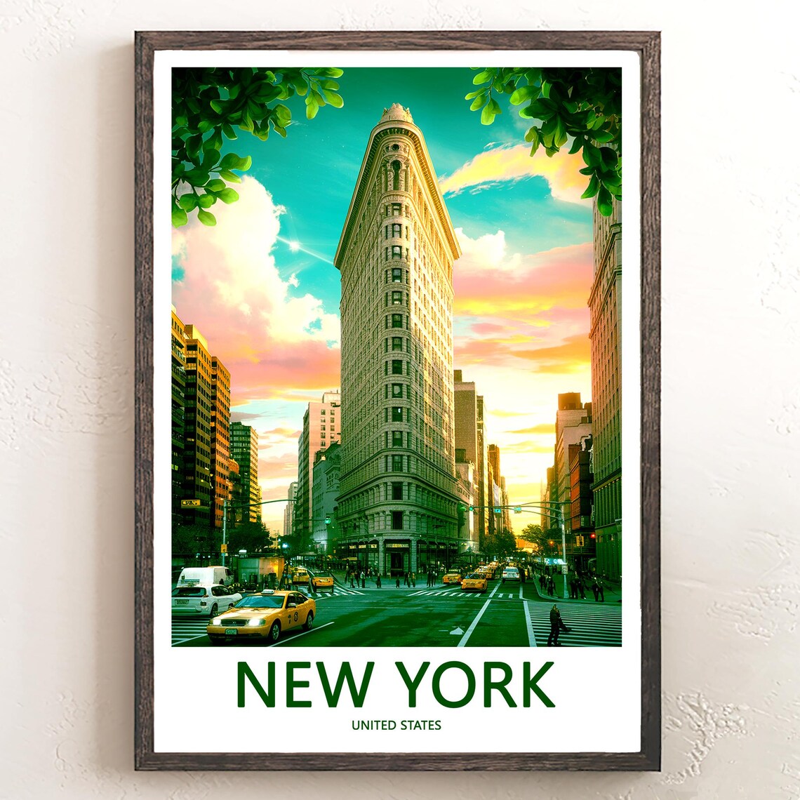 New York Flatiron Building Sunset Taxis Street Travel Poster