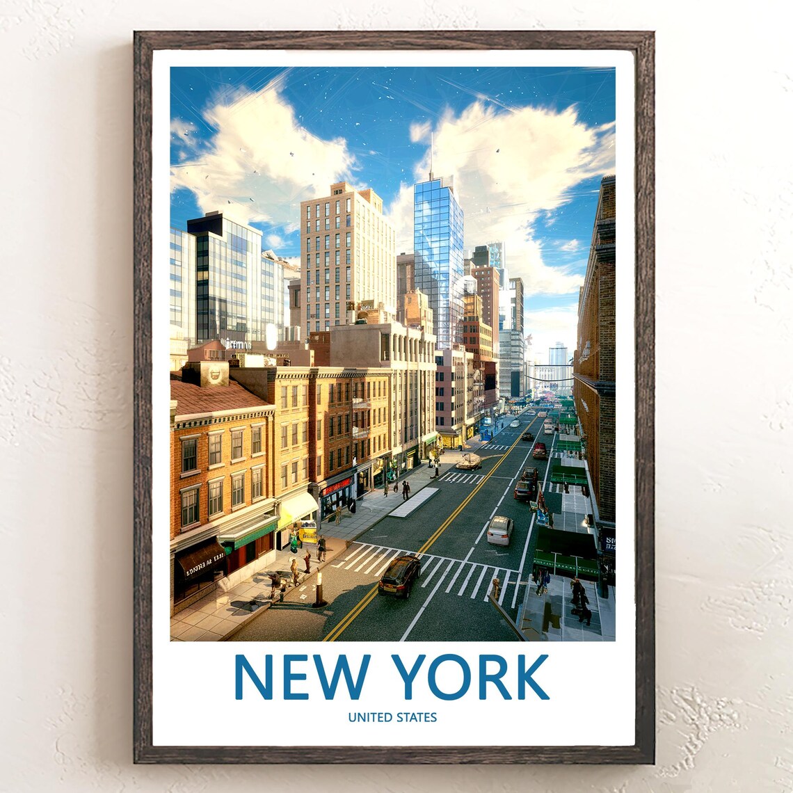 Busy New York Street with Brownstones and Skyscrapers Poster