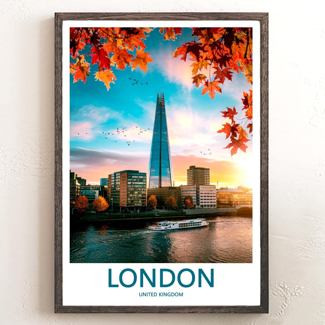 The Shard at Sunset with Vivid Orange Maple Branch Frame Poster