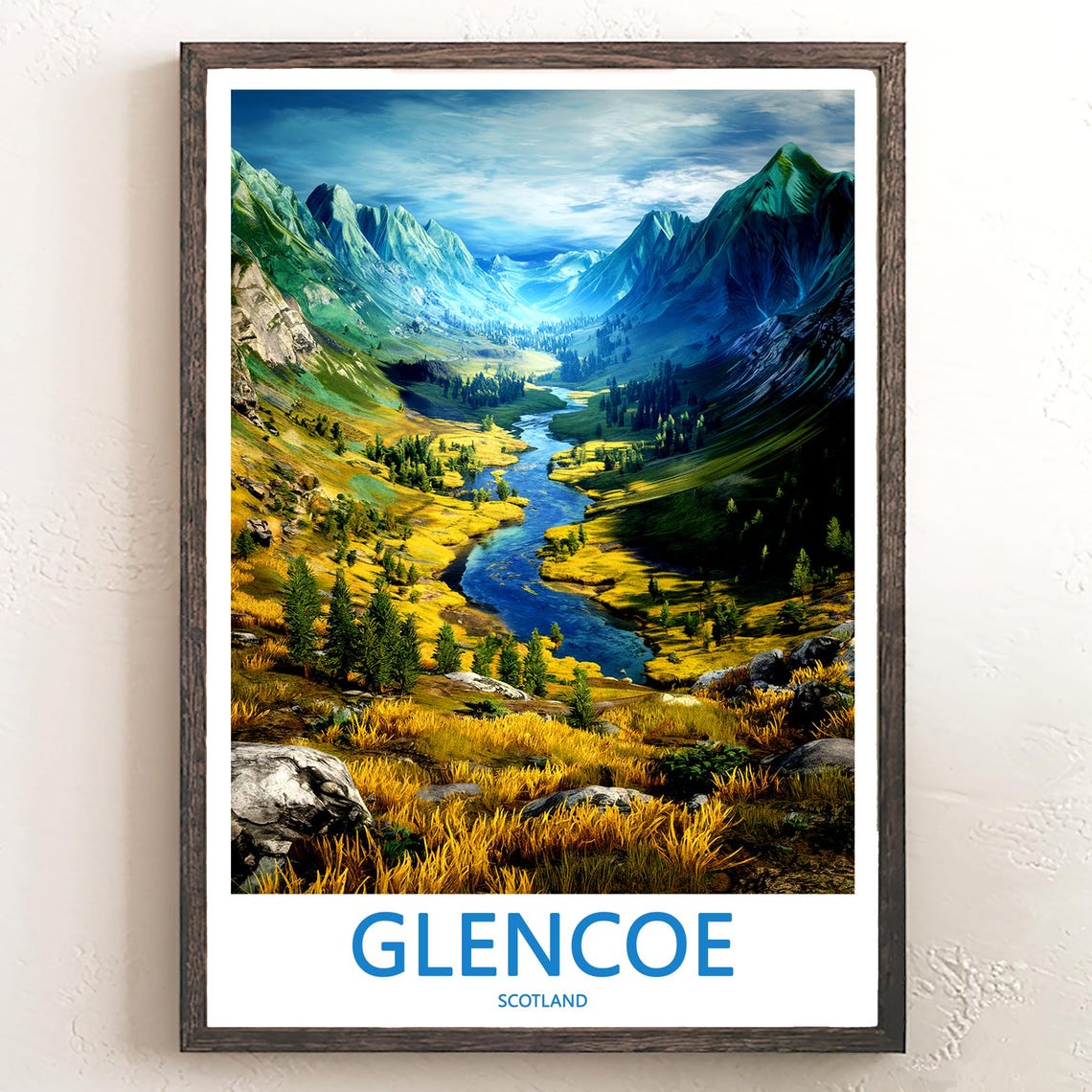 Glencoe Scotland Green Valley Winding River Vista View Poster